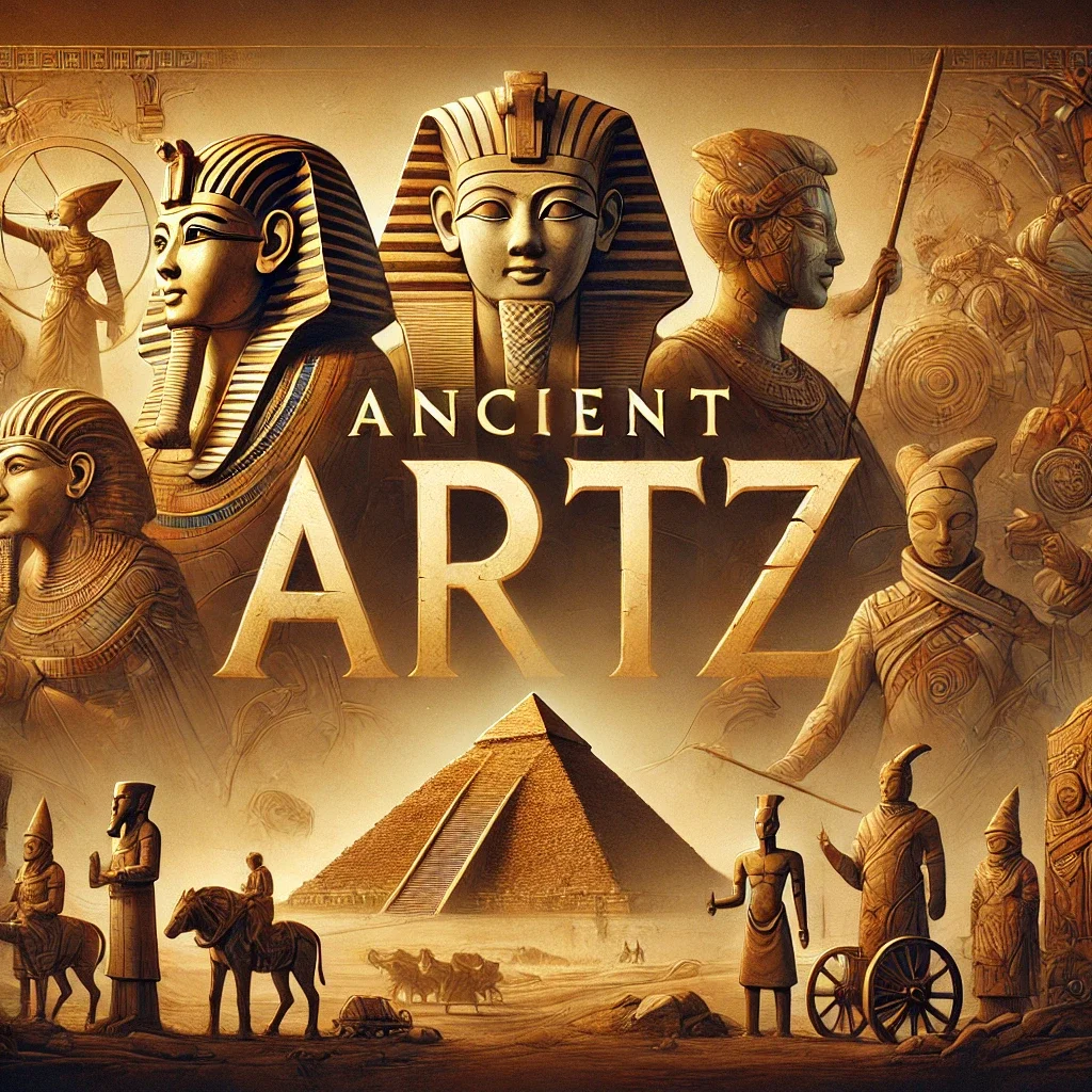 Feature image for 'Ancient Artz,' showcasing diverse ancient art forms including Egyptian pyramids, Greek statues, Chinese terracotta warriors, and Aboriginal rock paintings, with bold text 'Ancient Artz' prominently displayed.